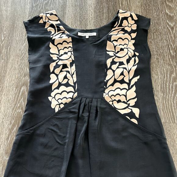 Diane von Furstenberg Black Tan Floral 100% Silk Dress Size 6 Sleeveless Pockets - Picture 5 of 11